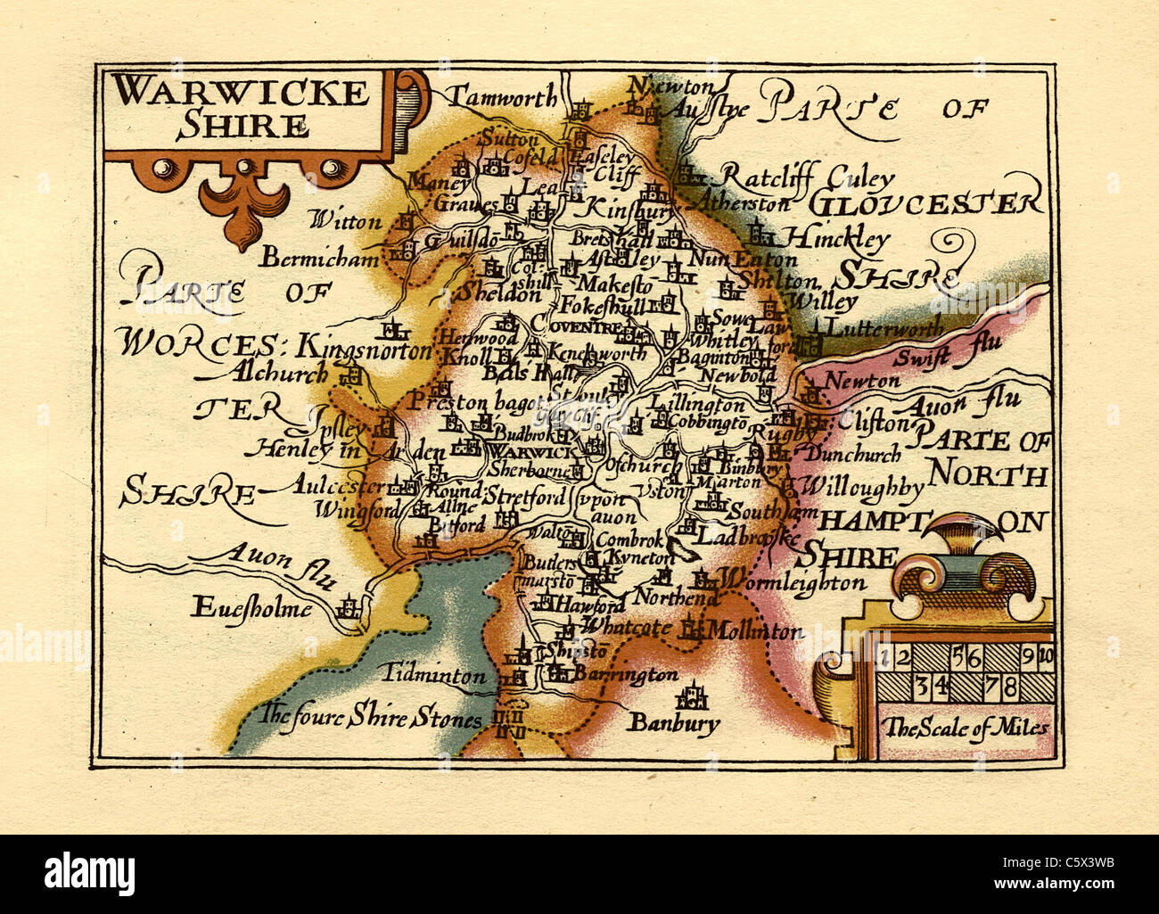 Warwickshire - Old English County Map by John Speed, circa 1625 Stock Photo