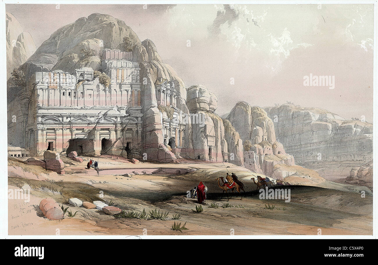 Petra March 8th 1839, Louis Haghe / David Roberts 'The Holy Land, Syria, Idumea, Arabia, Egypt and Nubia' Stock Photo
