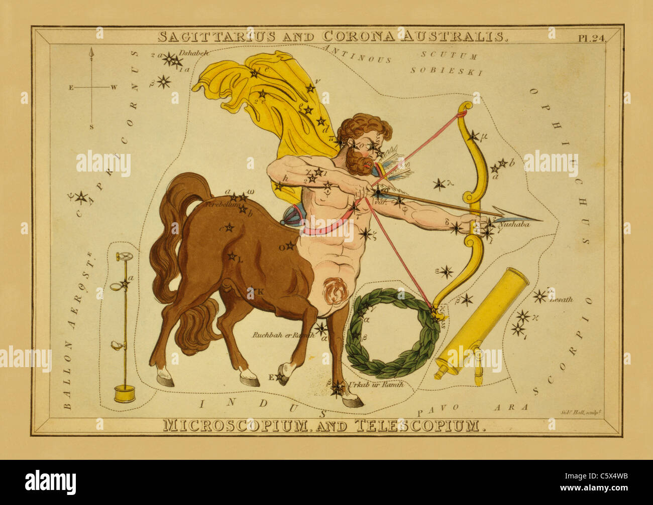 Sagittarius and Corona Australis, Microscopium, and Telescopium - 1825 Astronomical Chart Stock Photo