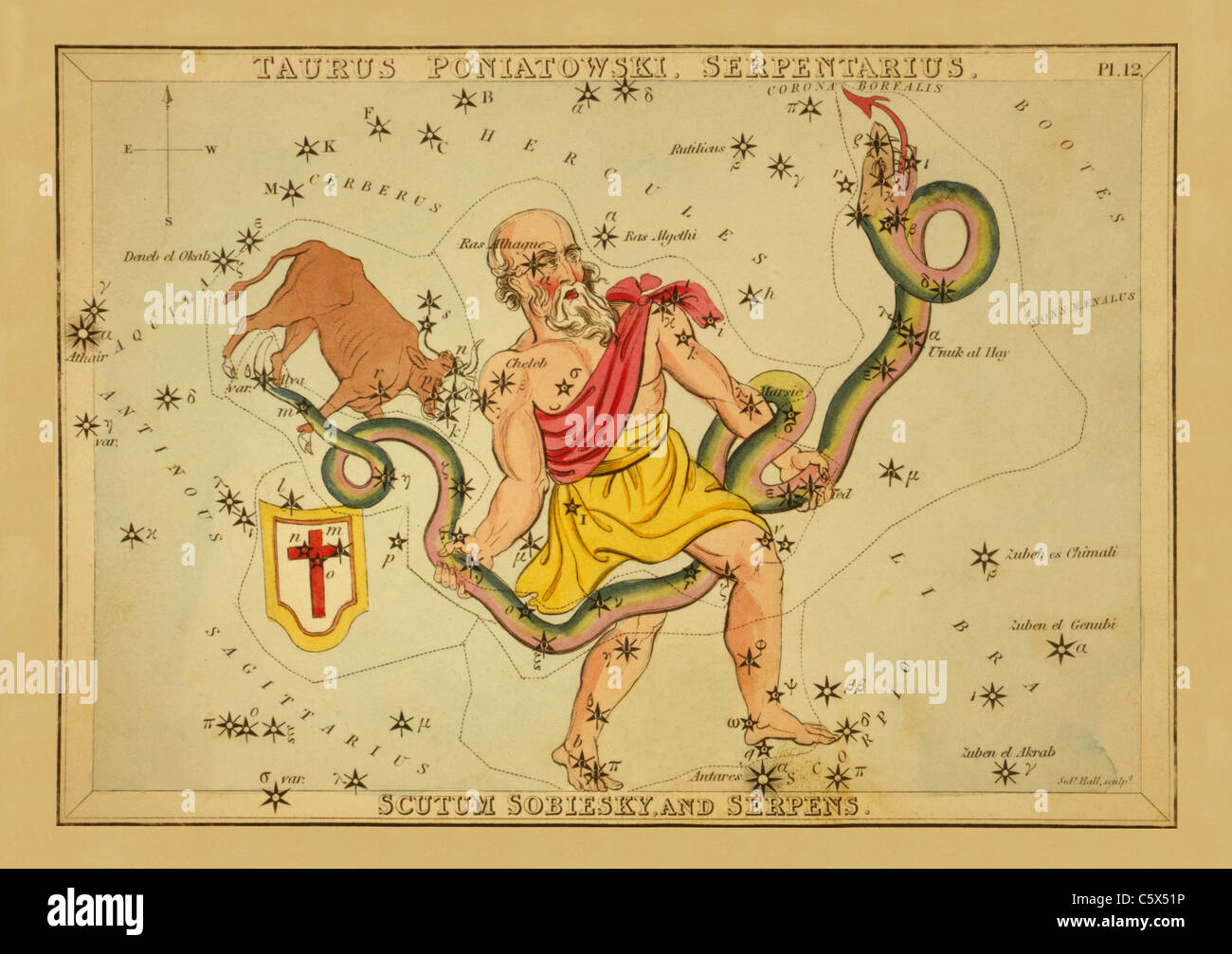 Taurus Poniatowski, Serpentarius, Scutum Sobiesky, and Serpens - 1825 Astronomical Chart Stock Photo