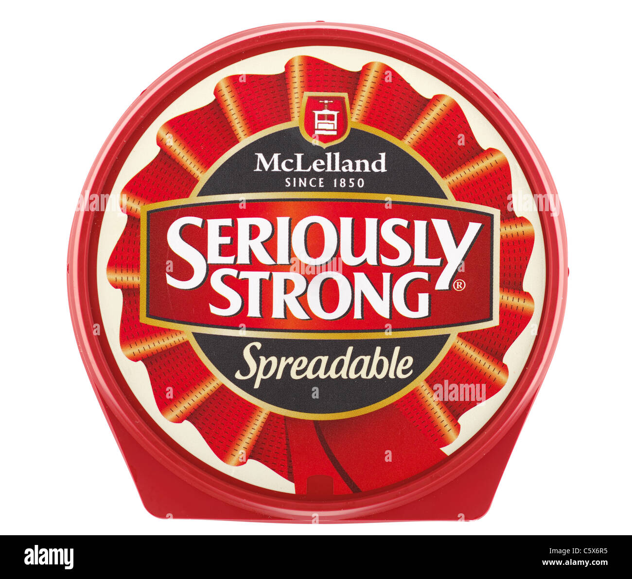 Tub of Spreadable Seriously Strong McLelland cheese spread. Stock Photo