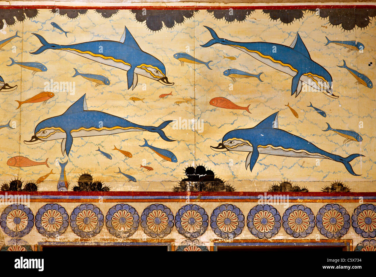 The Dolphins fresco from the Queen's Megaron at the Minoan palace of Knossos, Heraklion, Crete, Greece Stock Photo
