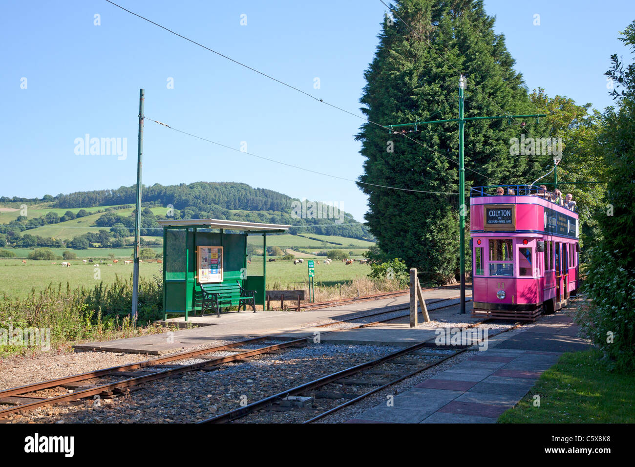 Tram at Colyford station on the Seaton Tramway, Colyford, Devon Stock Photo