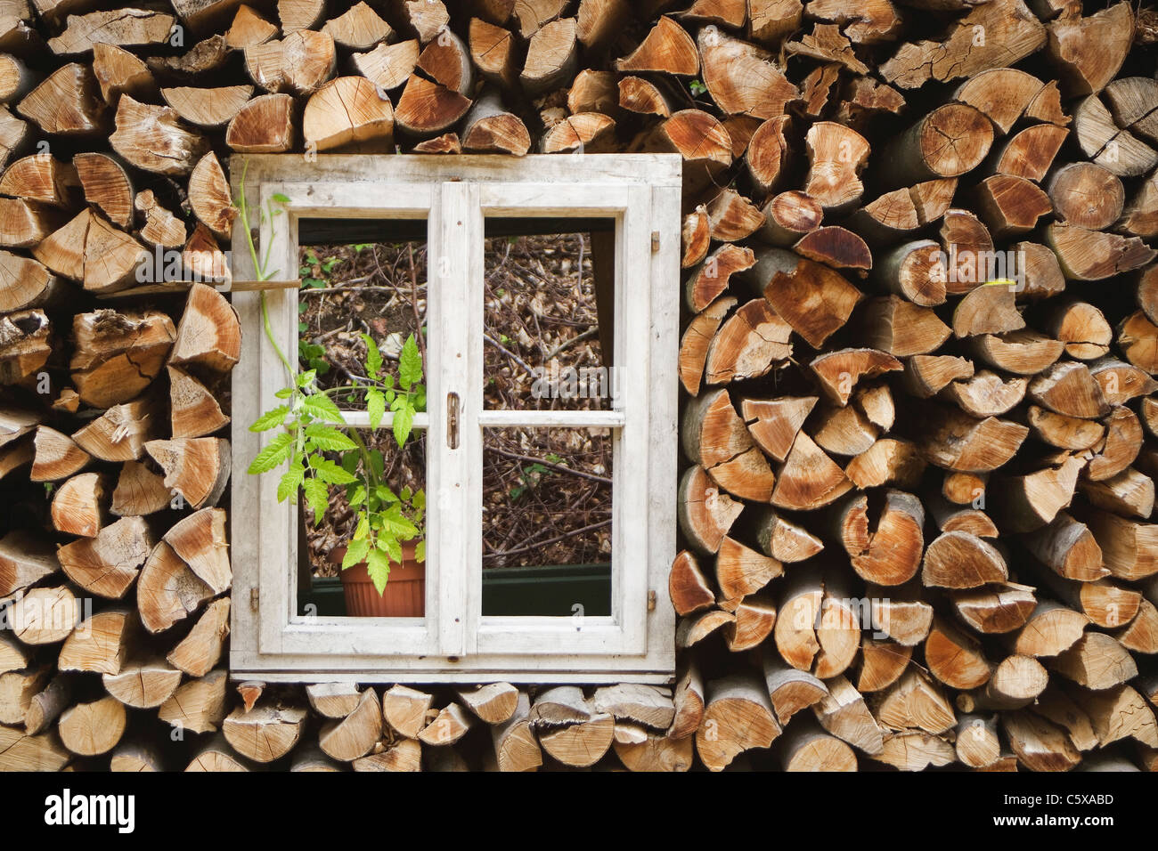 Window framed by stacked firewood Stock Photo