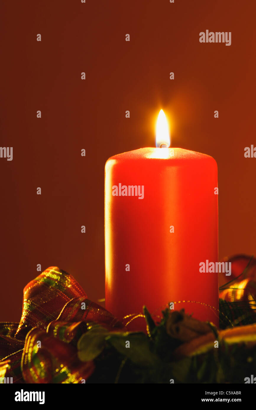 Advent wreath, Candle burning, close up Stock Photo