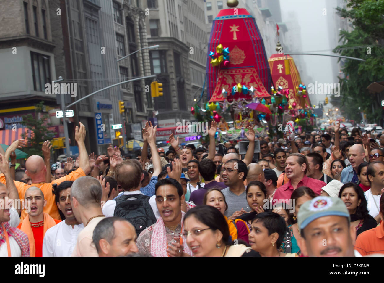 The 2011 Hare Krishna parade moves down Fifth Avenue in New York City on a foggy day Stock Photo
