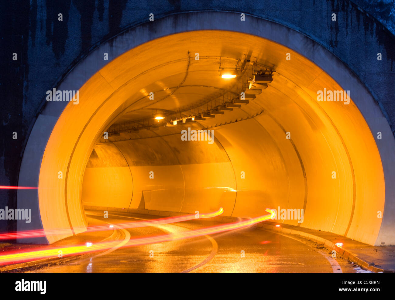 Austria, Salzkammergut, Mondsee, Illuminated tunnel Stock Photo