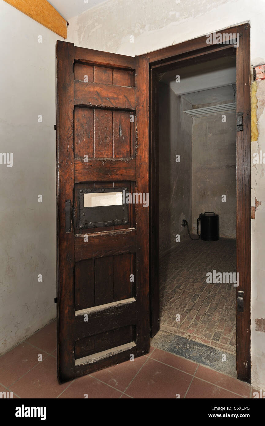 Door of death cell for WWI condemned soldiers from First World War One in the Poperinge town hall, West Flanders, Belgium Stock Photo