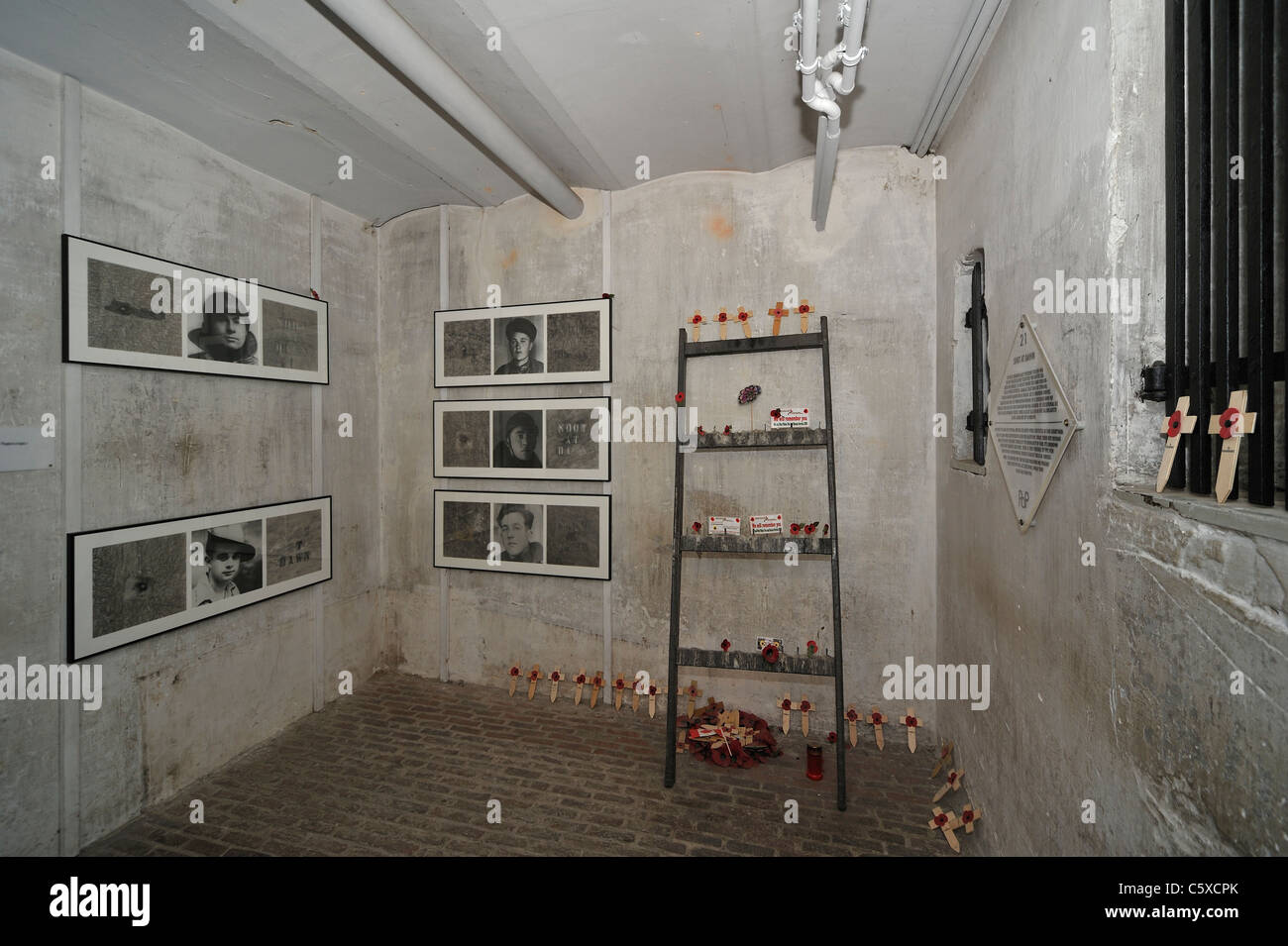 Death cell showing portraits of WWI condemned soldiers from First World War One in Poperinge city hall, West Flanders, Belgium Stock Photo