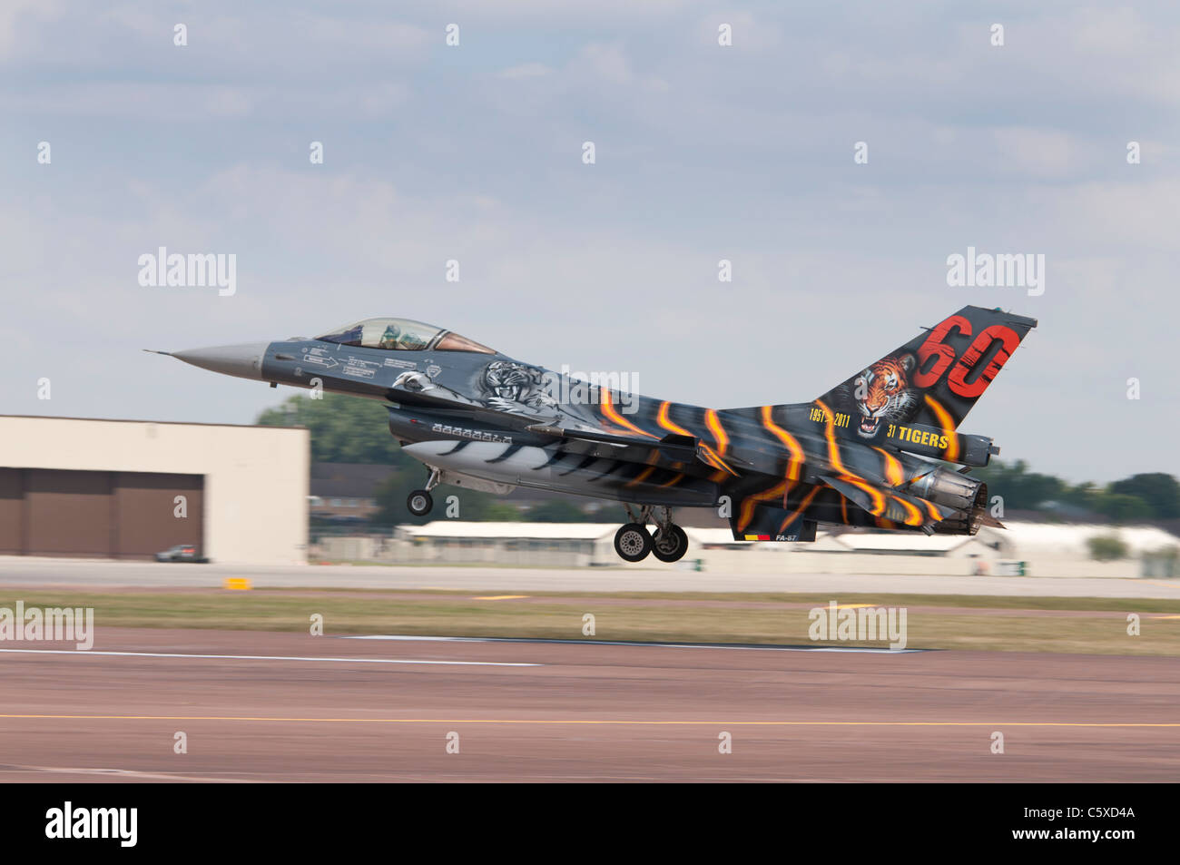 Belgium Air Force General Dynamics F-16AM Fighting Falcon FA-87 in its stunning Tiger paint scheme lands at RAF Fairford Stock Photo