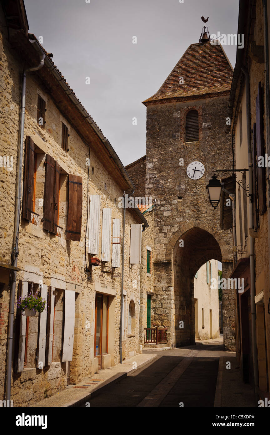 The clock tower in Duras, Lot et Garonne, Aquitaine, France Stock Photo