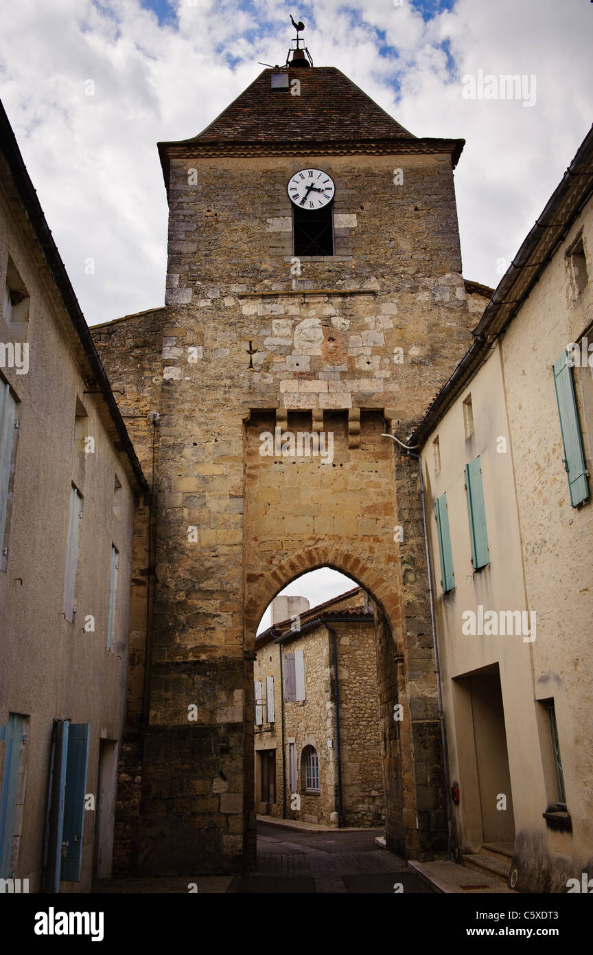 The clock tower in Duras, Lot et Garonne, Aquitaine, France Stock Photo