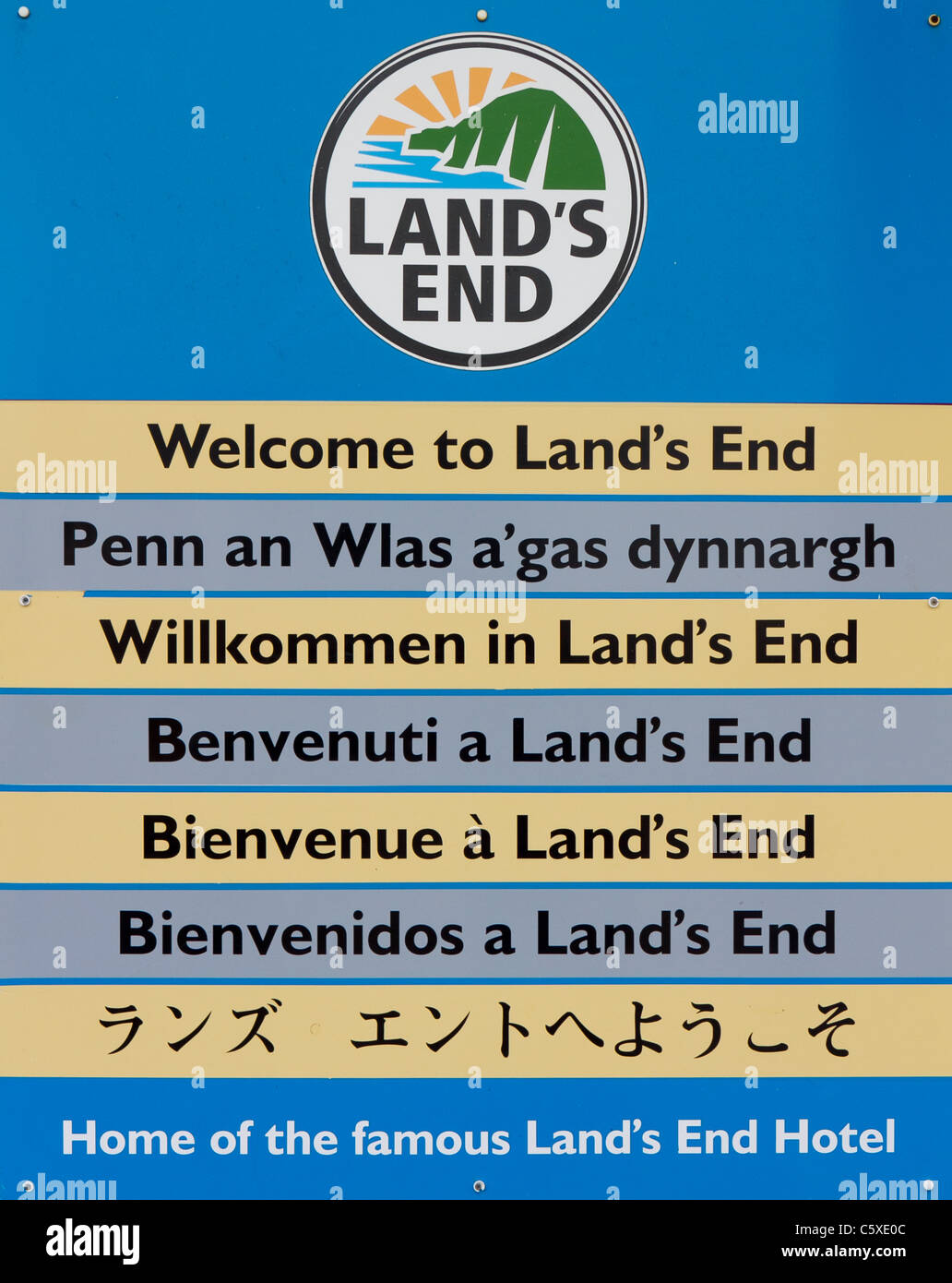 Multi lingual sign at Land's End, Cornwall, UK Stock Photo