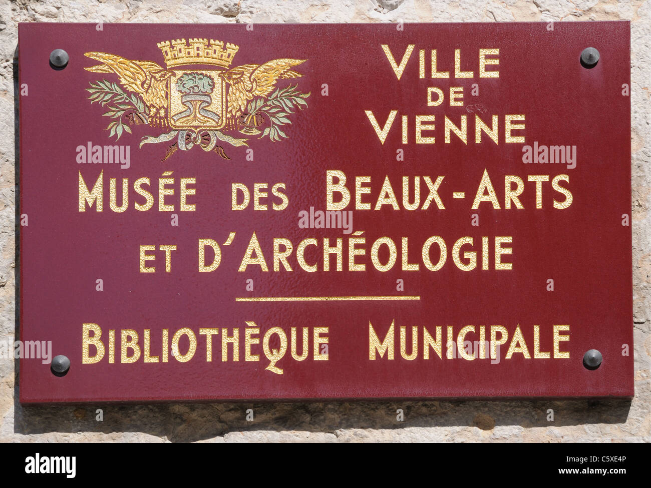 Sign on Art Museum or Musee des Beaux Arts et d Archeologie and Municpal Library or Bibliotheque Municipal Vienne France Stock Photo