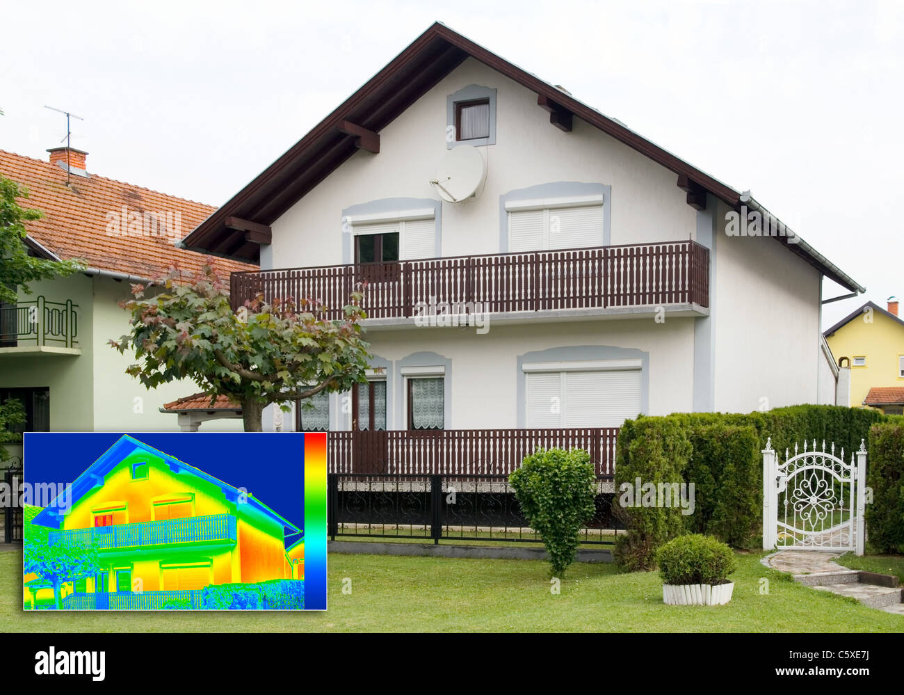 House with Infrared thermovision image showing lack of thermal insulation Stock Photo