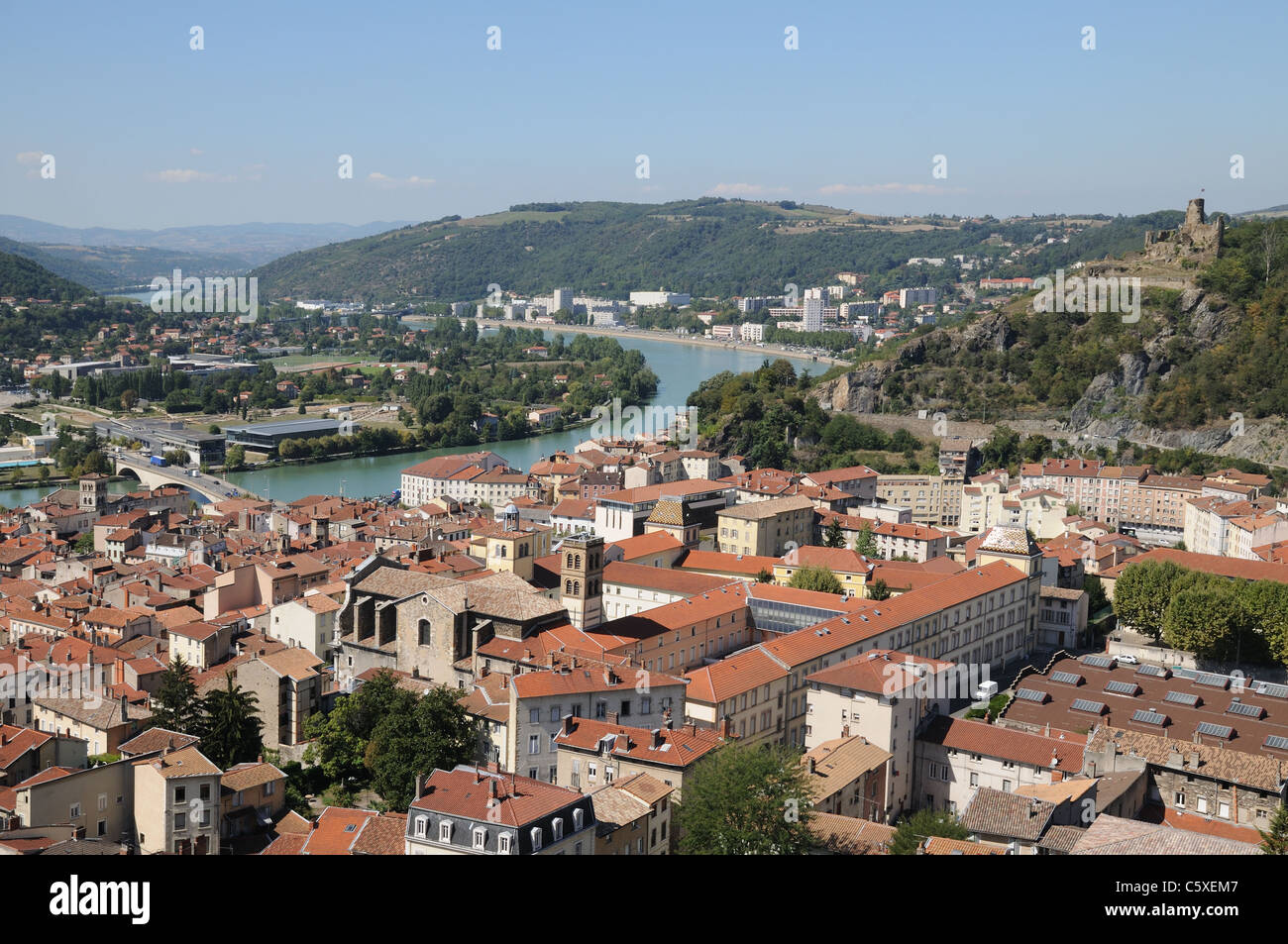 Panorama of Vienne France from Mont Pipet showing roofs River Rhone and ...
