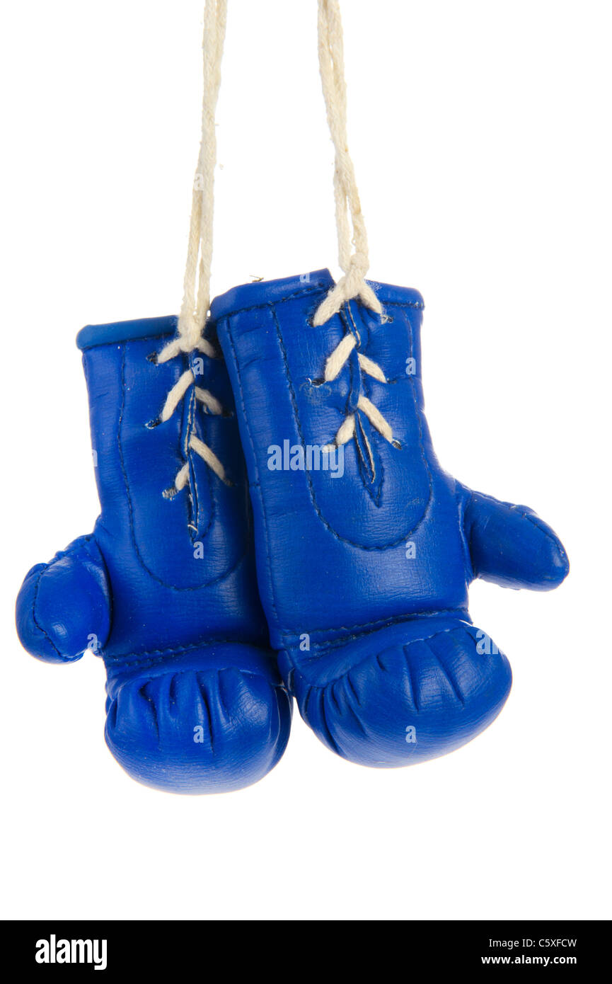 Blue leather hanging boxing gloves hires stock photography and images