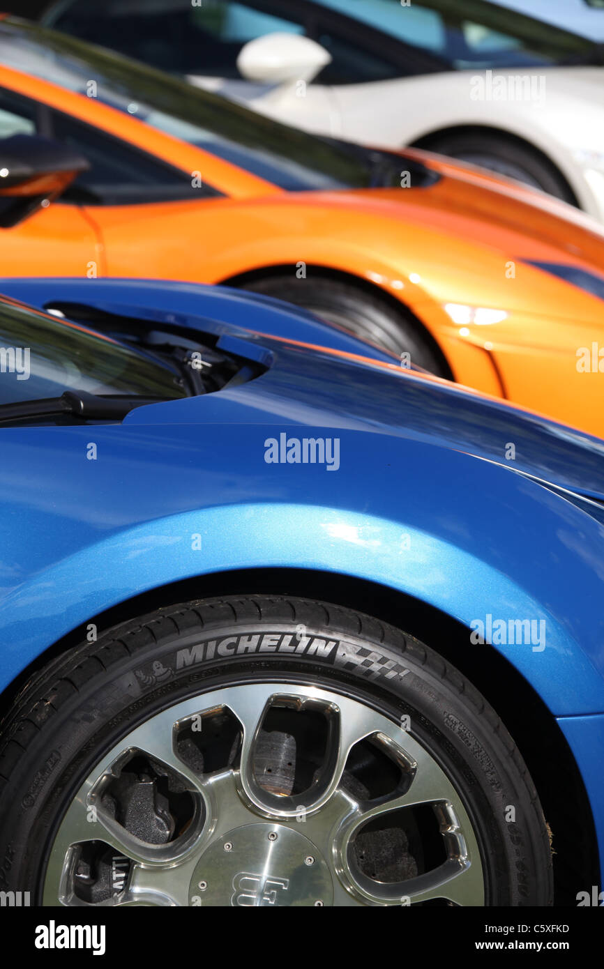 Close up view of luxury sports cars for sale at the Cholmondeley