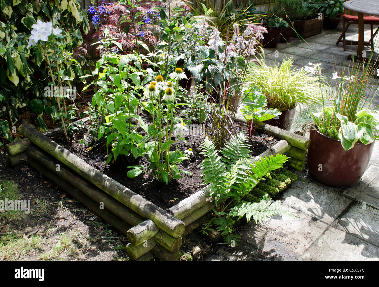 Wooden Patio garden planter Stock Photo