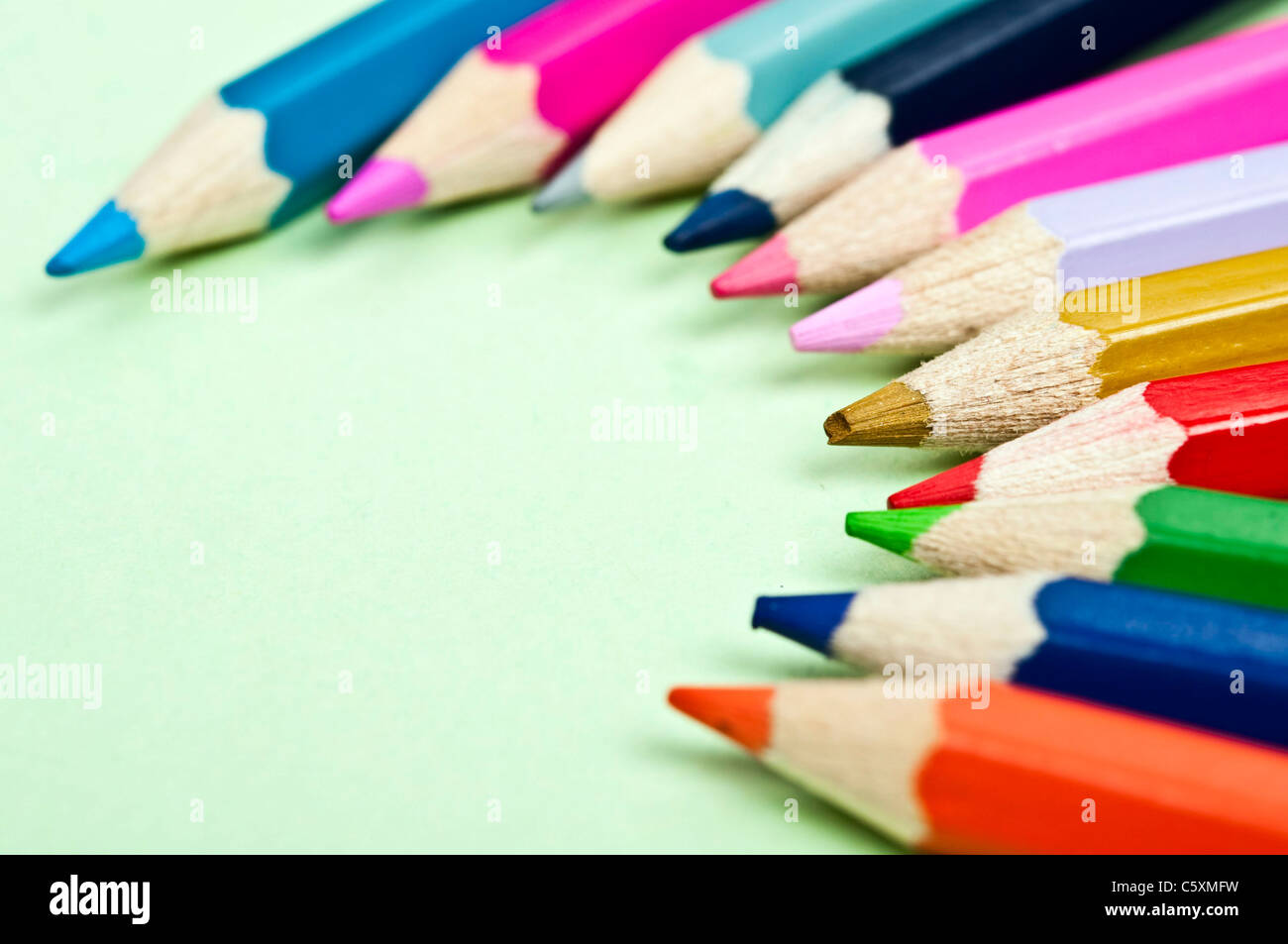 Colorful wooden pencils close up Stock Photo