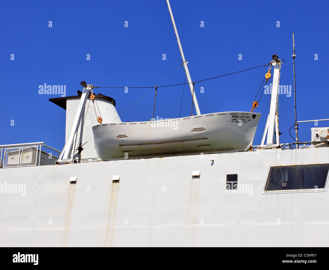 Lifeboat on ferry, Port Jefferson, Long Island NY Stock Photo