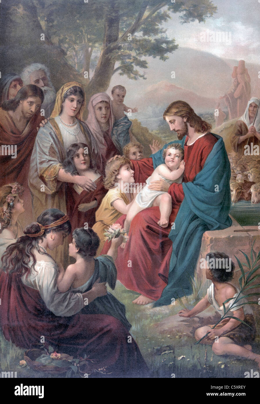 Suffer little children to come unto me - Jesus Christ with children illustration Stock Photo