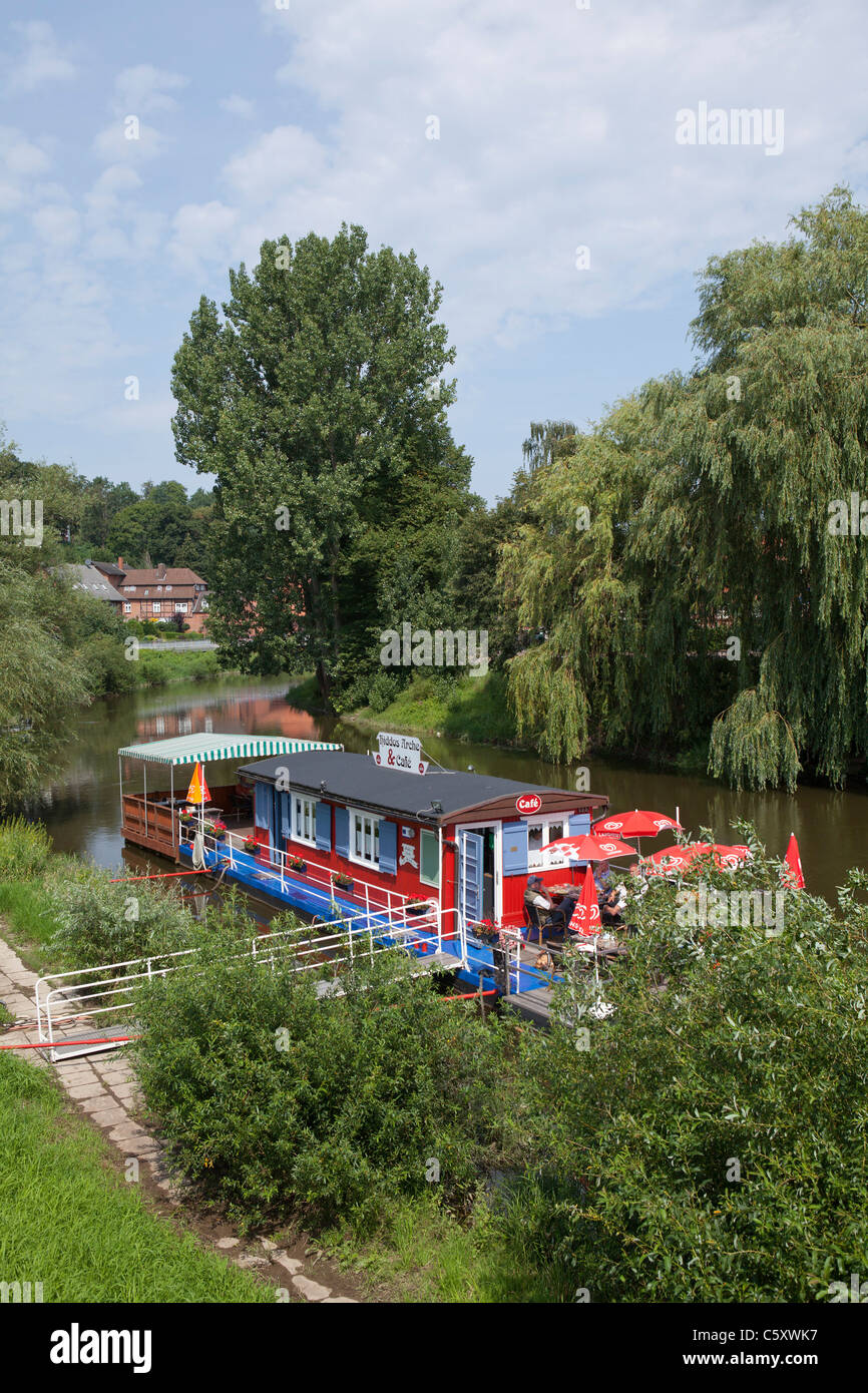 houseboat café, River Jeetzel, Hitzacker, Lower Saxony, Germany Stock Photo