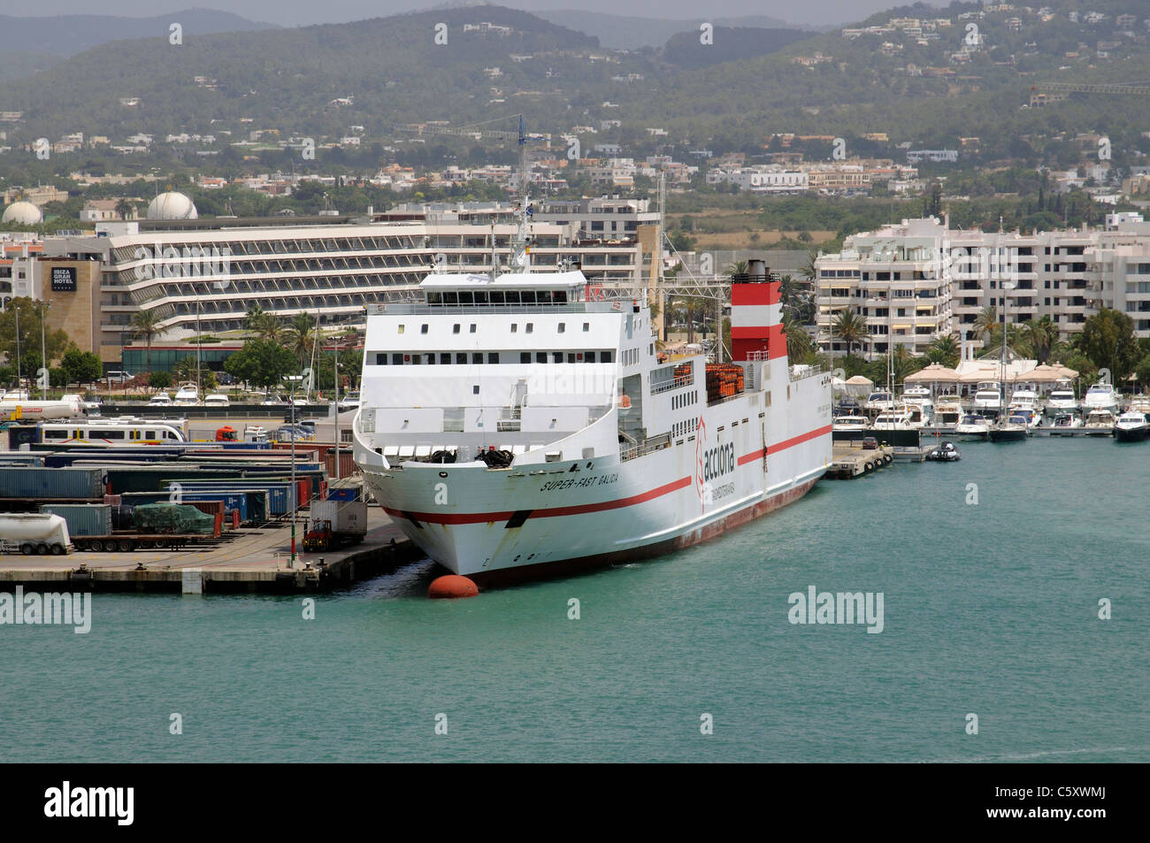 The Super Fast Galicia roro cargo and passenger ferry alongside in Eivissa port on the Spanish island of Ibiza Stock Photo