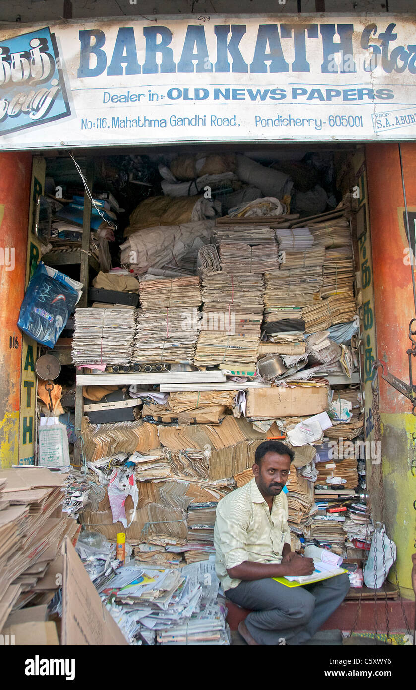 Old papers dealer Tamil Quarter Pondicherry Tamil Nadu South India Stock Photo