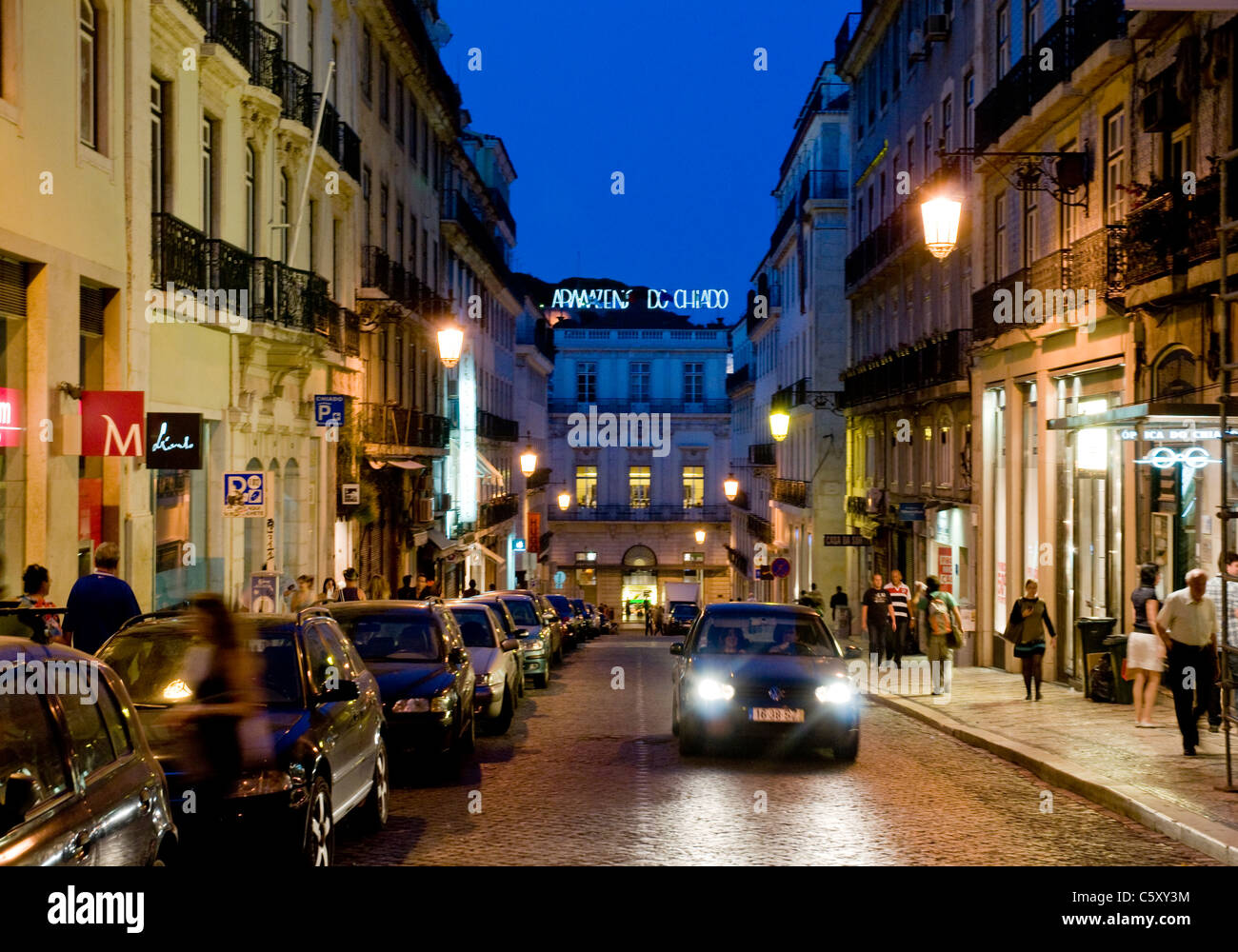 Rua Garrett in Lisbon's Chiado district at dusk Stock Photo
