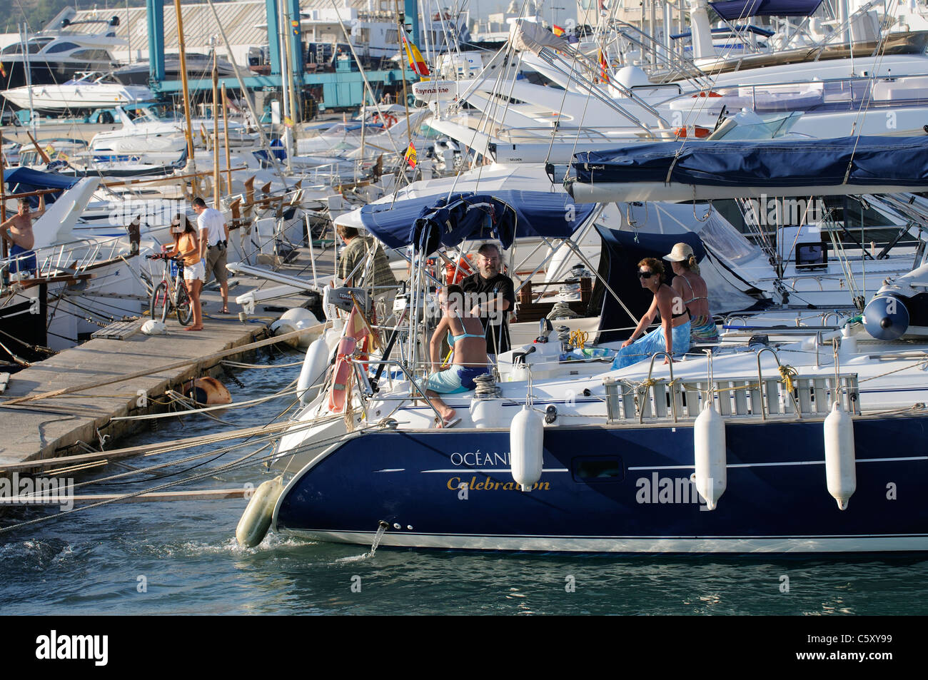 Eivissa port on the Spanish island of Ibiza an ocean going yacht on the marina Stock Photo