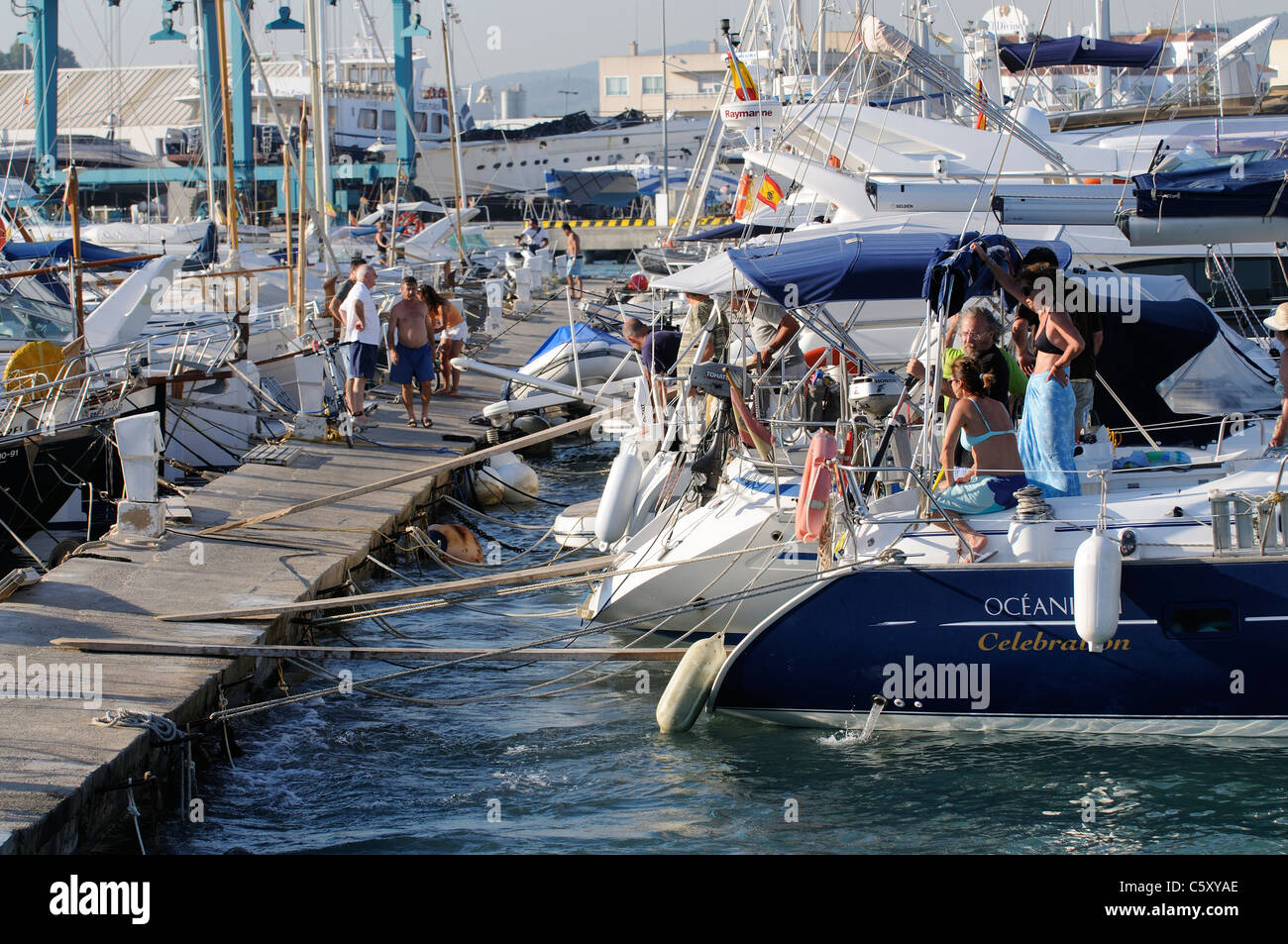 Eivissa port on the Spanish island of Ibiza an ocean going yacht on the marina Stock Photo
