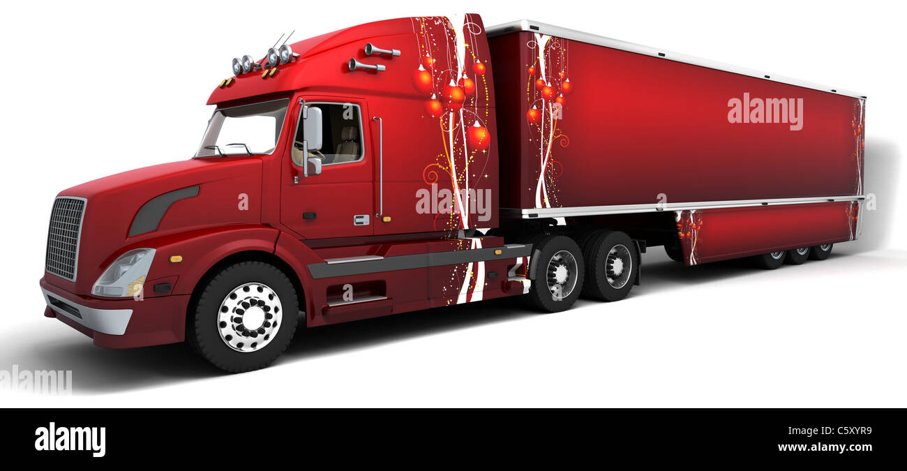 3D render of Christmas American semi trucks Stock Photo