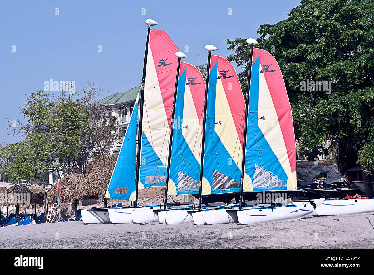 Ready to sail catamarans on the beach at Pacific ocean Stock Photo
