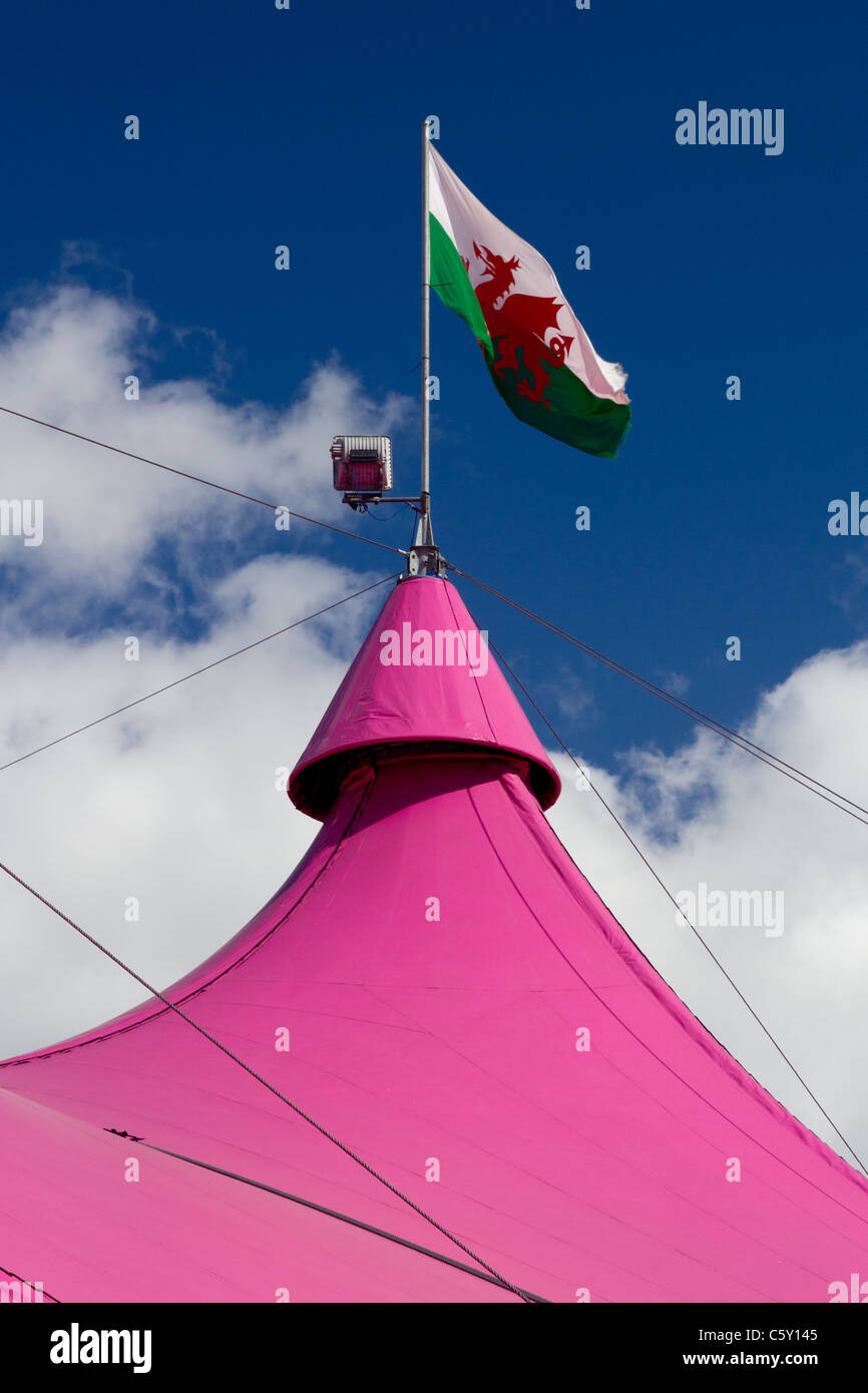 National Eisteddfod pavilion turret with welsh red dragon flag, Wrexham 2011 Stock Photo