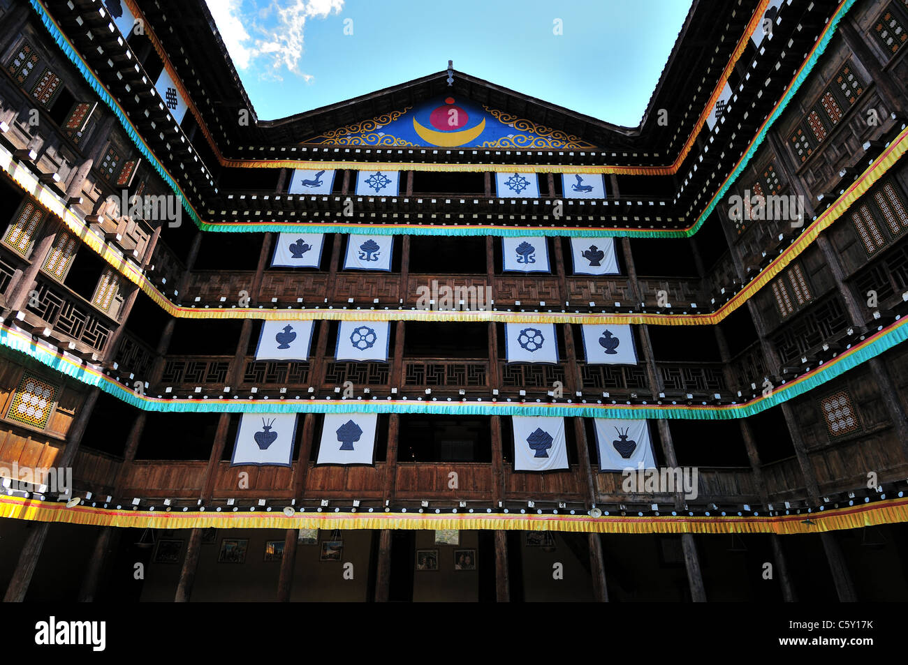 Multi-story wooden building of a Tibetan chief's mansion. Sichuan, China. Stock Photo