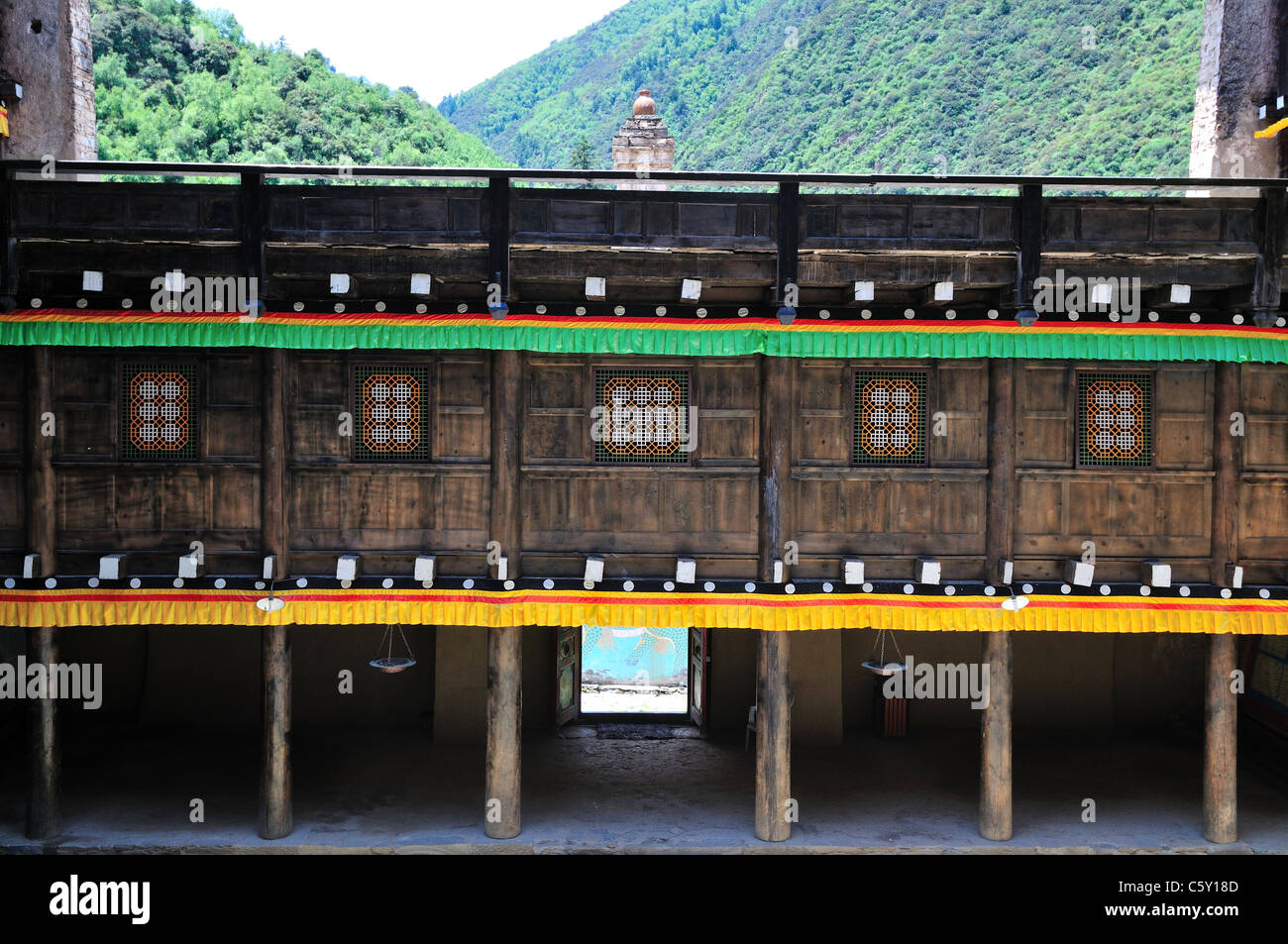 Wooden structure of a Tibetan chief's mansion. Sichuan, China. Stock Photo