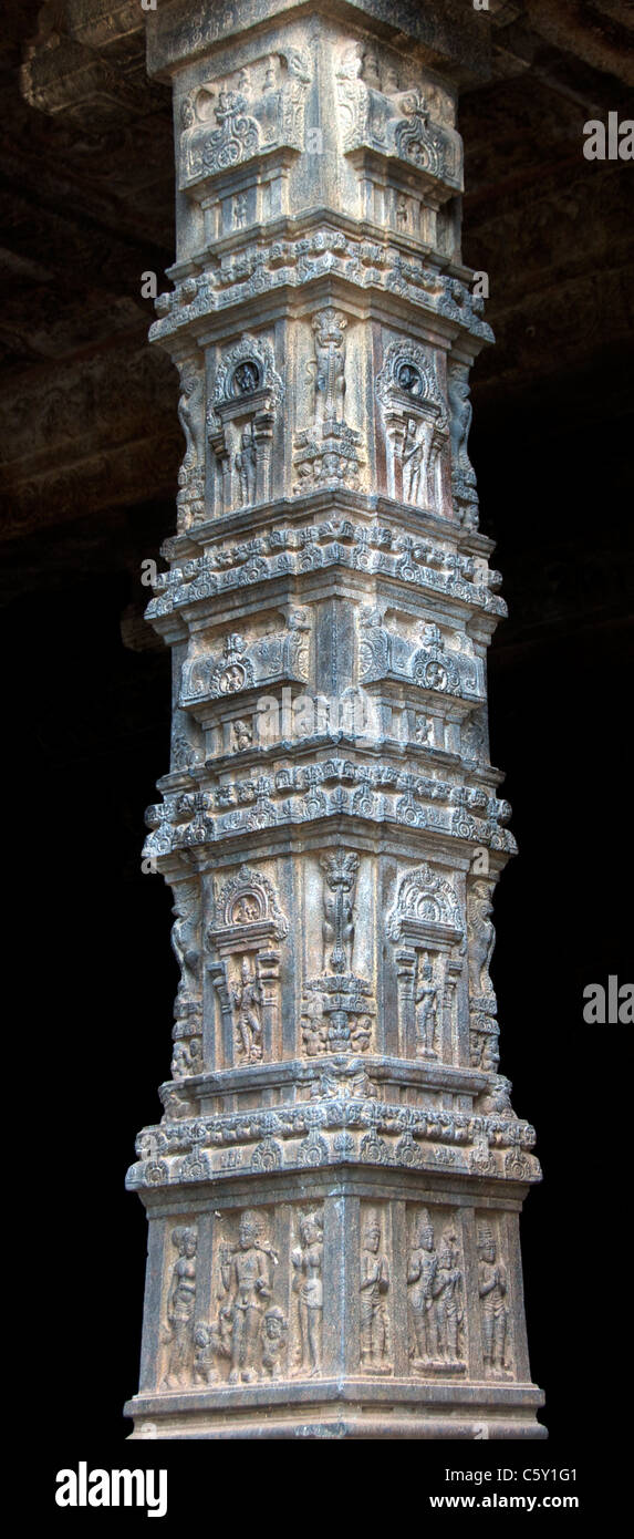 Beautifully carved pillar main Mandapam Airatesvara Temple Dharasuram Tamil Nadu South India Stock Photo