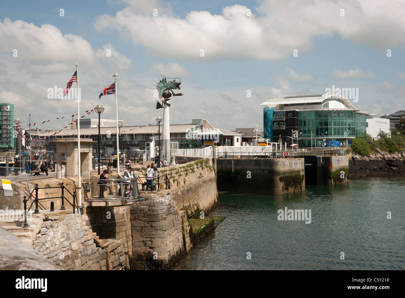 A landscape shot of Plymouth Marina and Pligrim Father steps. Stock Photo