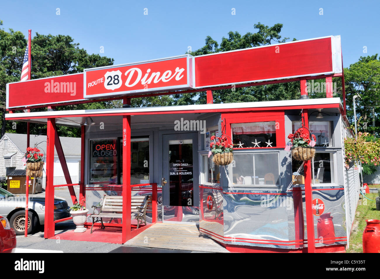 Exterior of an old fashioned diner in summer on Route 28 in Yarmouth, Cape Cod, Massachusetts on a sunny blue sky clear day, USA. Stock Photo