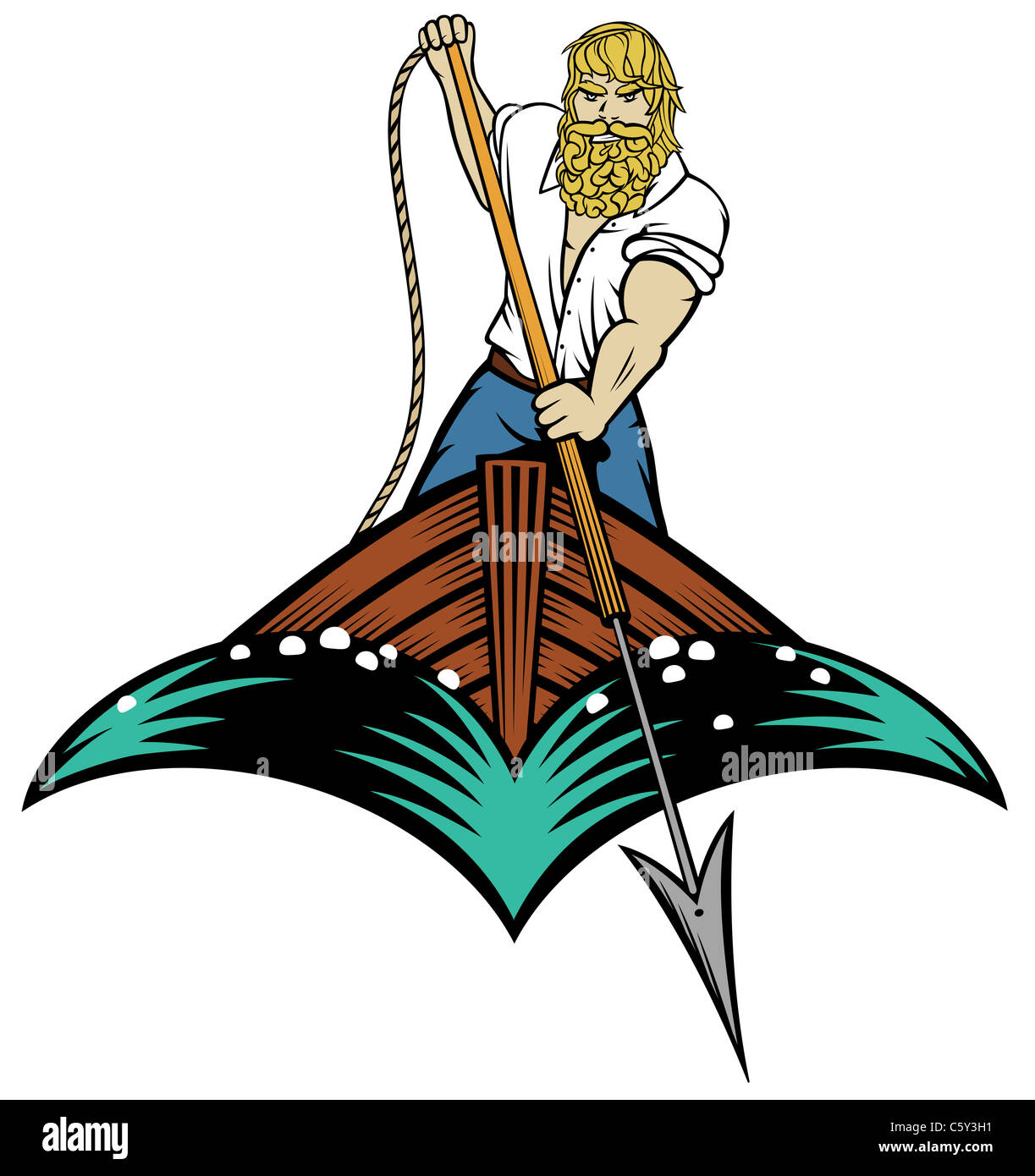 Illustration of a man about to throw a harpoon from a boat in woodcut style Stock Photo