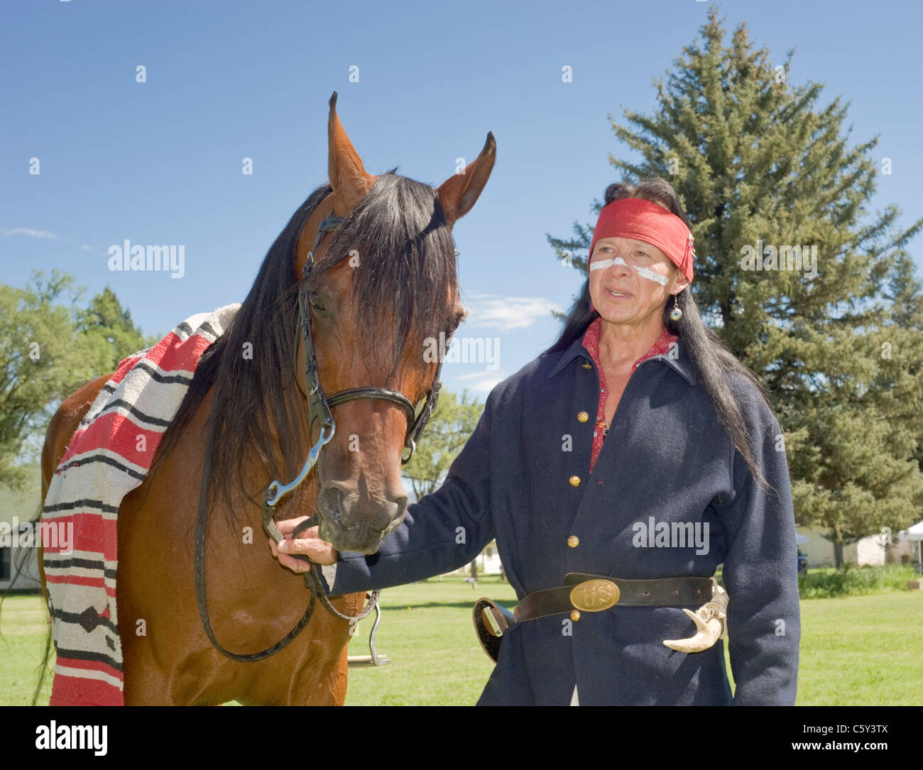 A proud Mescalero Apache Native American Indian displays his horse at Fort Stanton Live, Lincoln