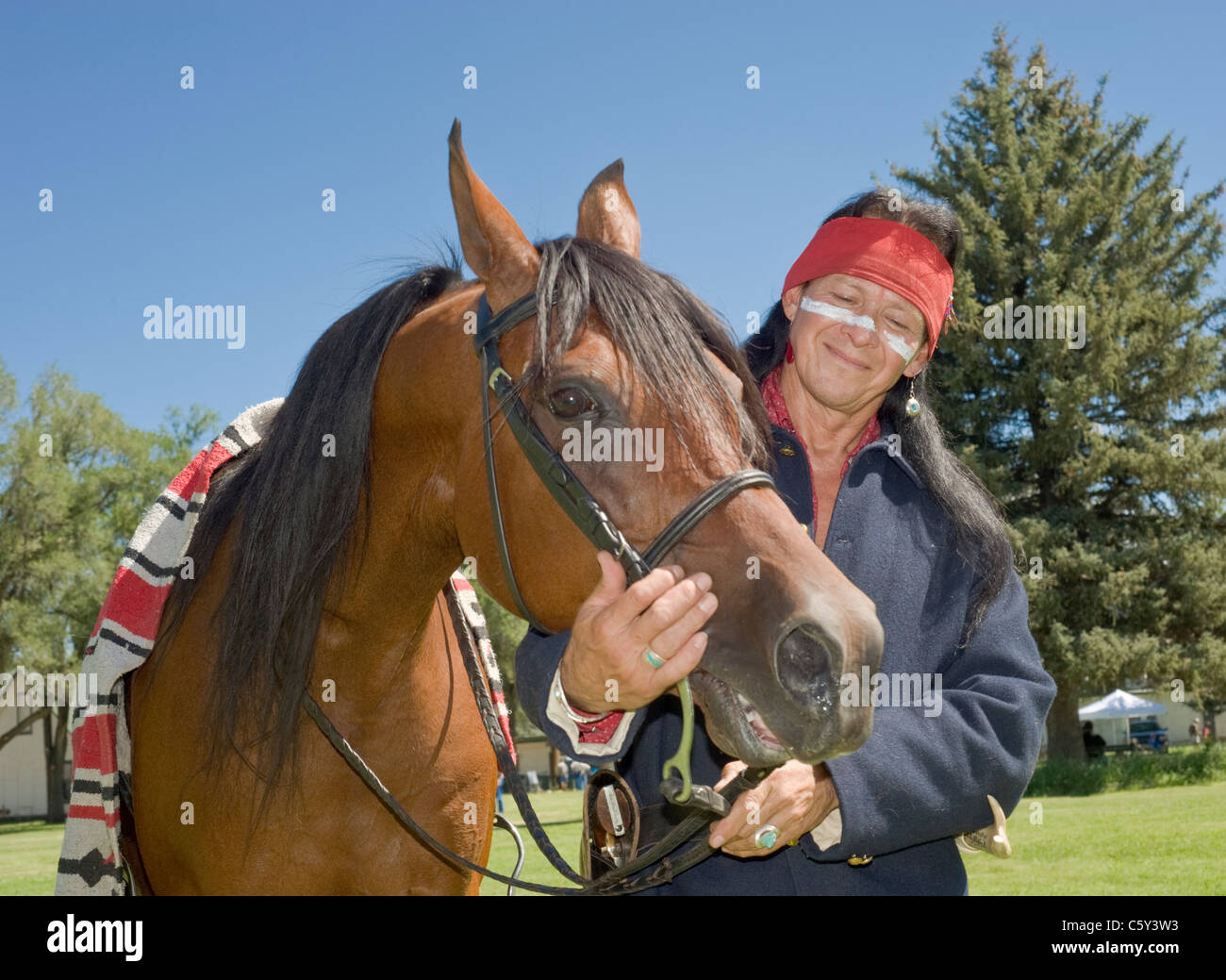 A proud Mescalero Apache Native American Indian displays his horse at Fort Stanton Live, Lincoln