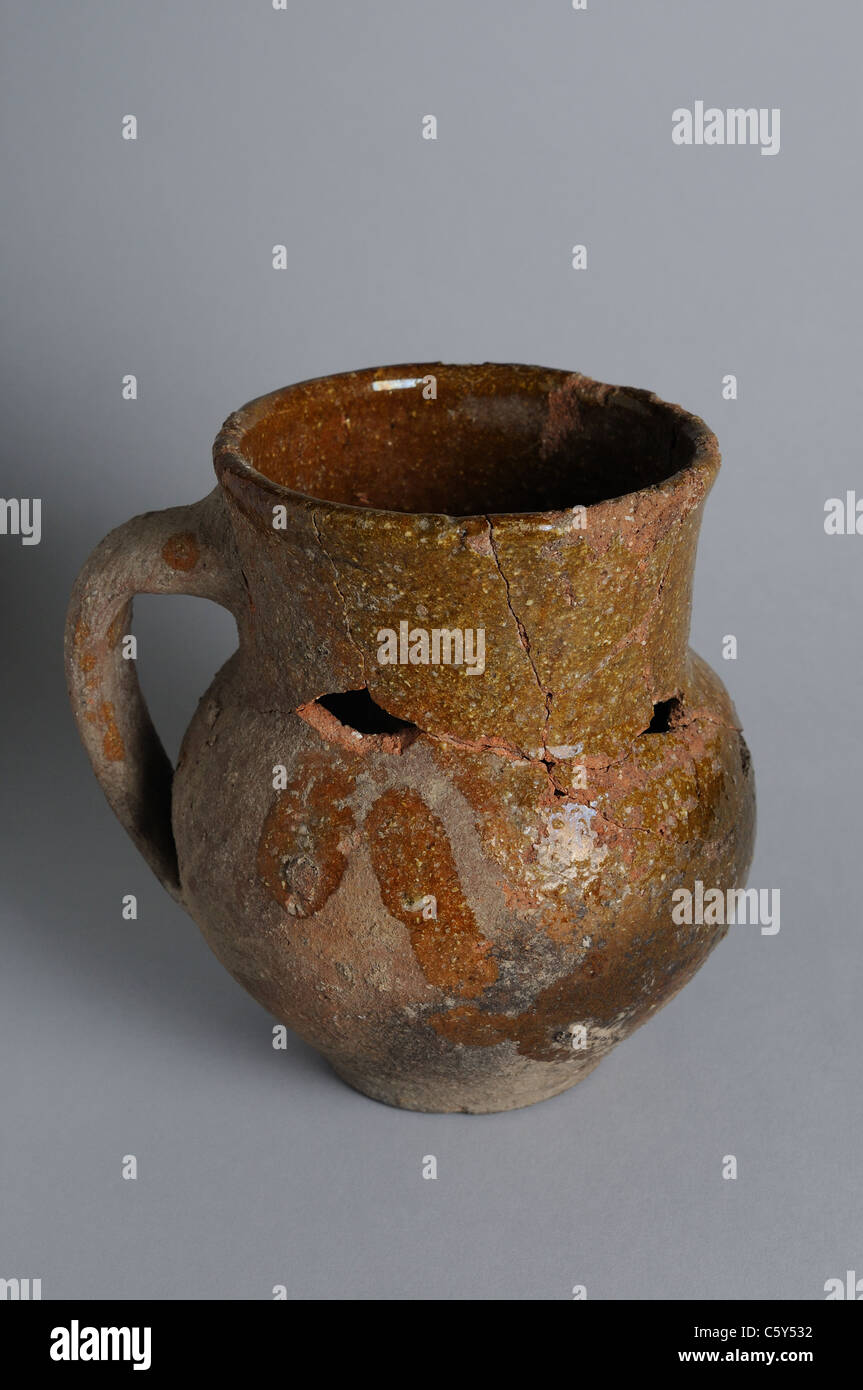 Glazed ceramic jug with a handle. Modern age in  ' Burgo de Santiuste Museum'- SPAIN Stock Photo