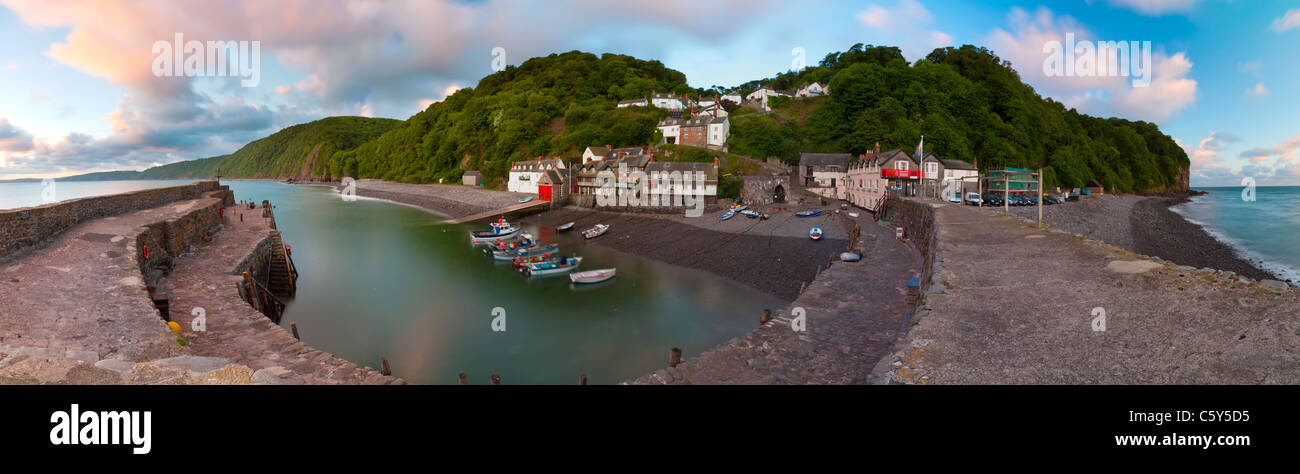 180 Panorama Clovelly village and harbour early morning. Stock Photo