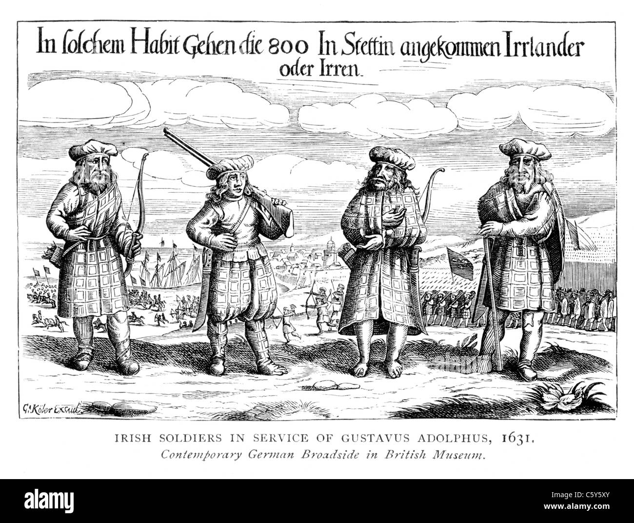 Irish Soldiers in the Service of Gustavus Adolphus, King of Sweden, 1631; Black and White Illustration; Stock Photo