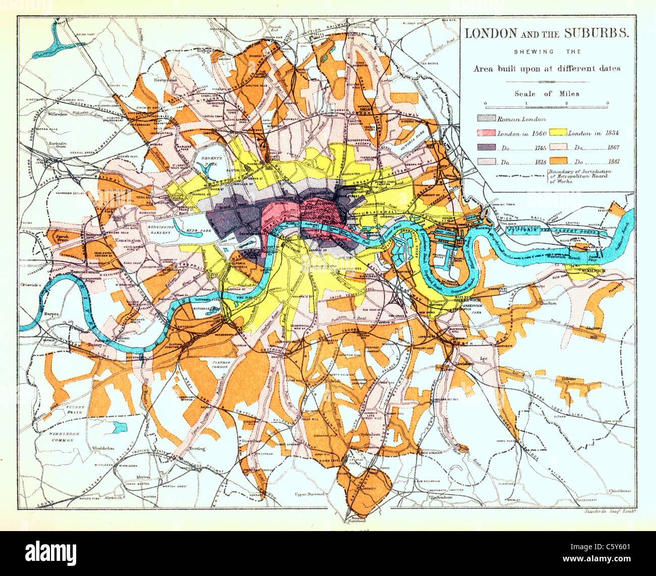 Map of London and Suburbs, circa 1880s, with colour coded areas indicating the growth of the city from Roman times to the 1880s Stock Photo