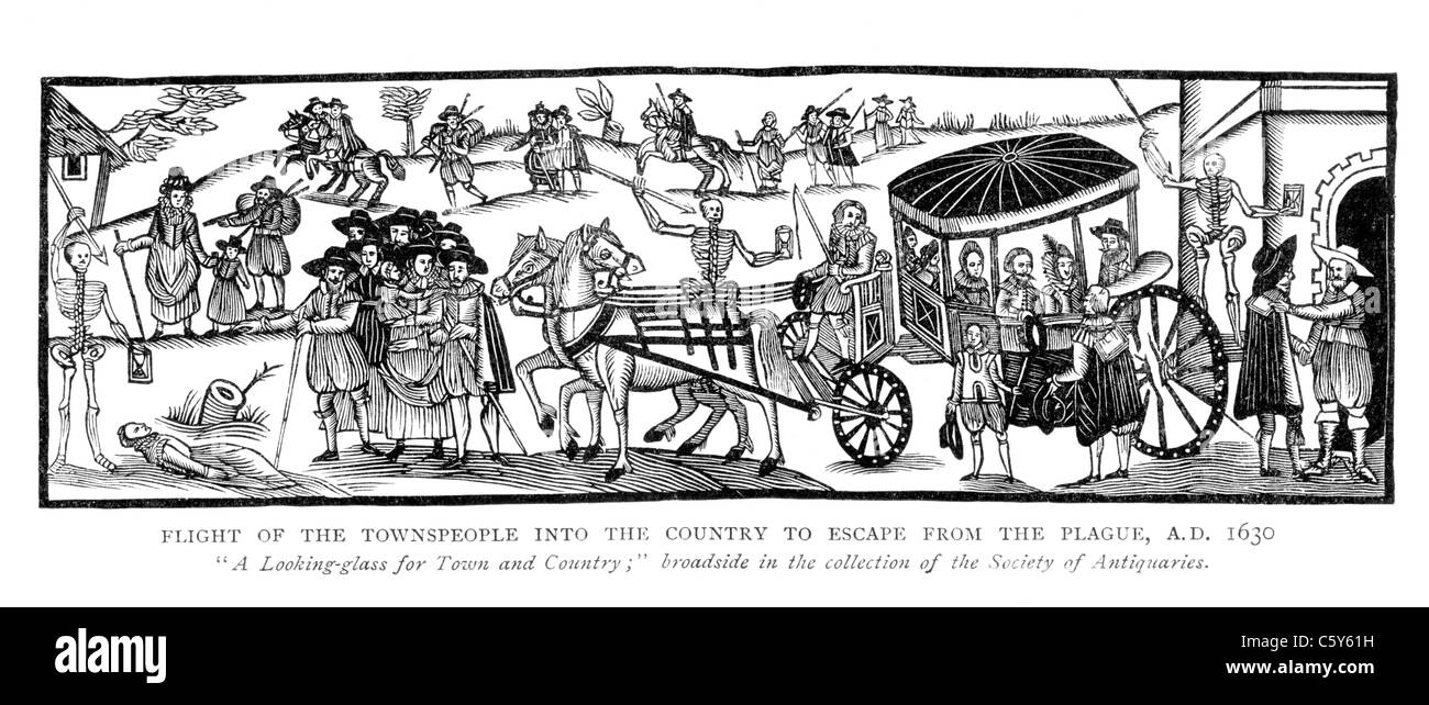 Flight of the Townspeople into the Country to Escape from the Plague, AD 1630; Black and White Illustration; Stock Photo