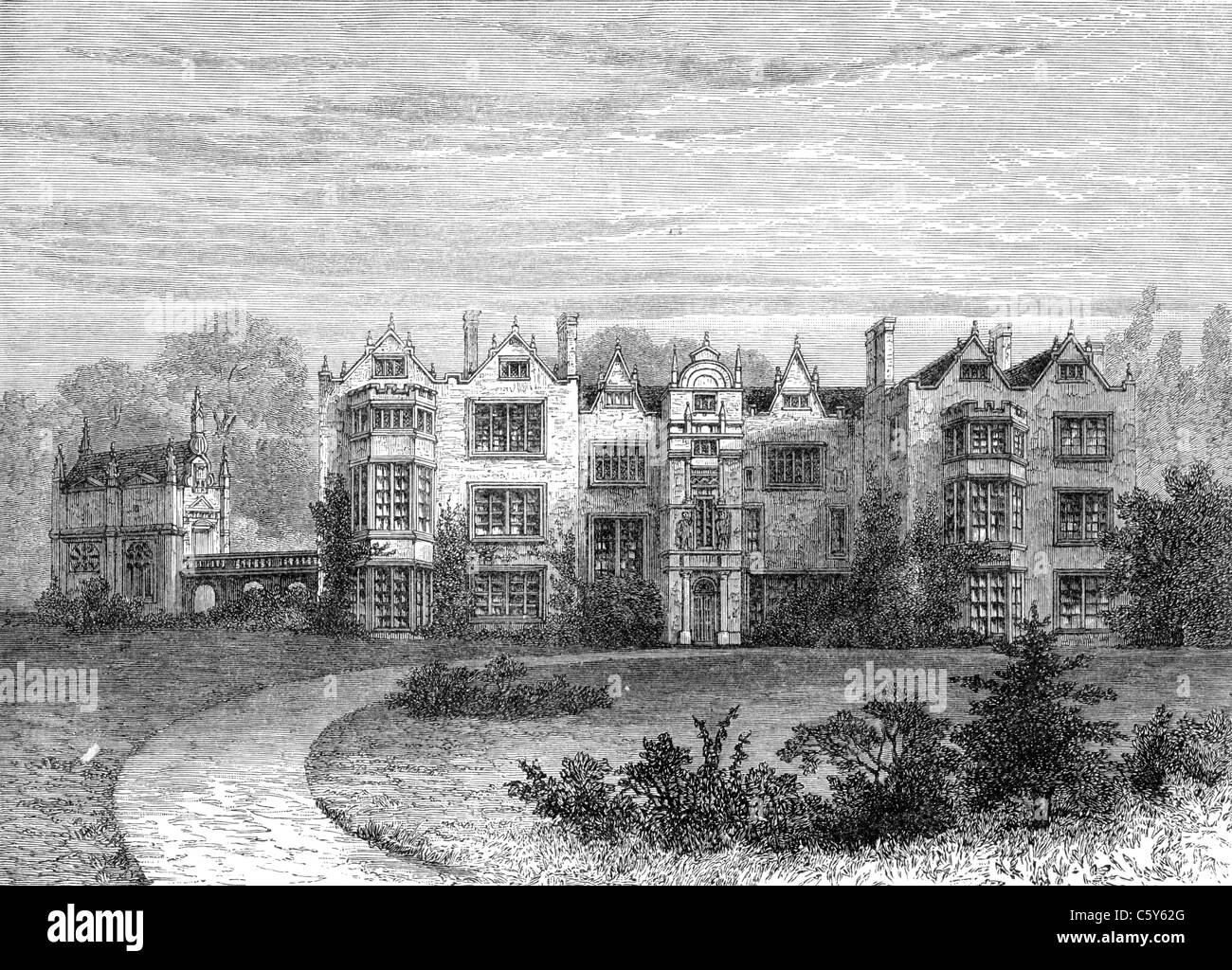 Burford Priory, Oxfordshire, England; 19th Century Black and White Illustration; Stock Photo