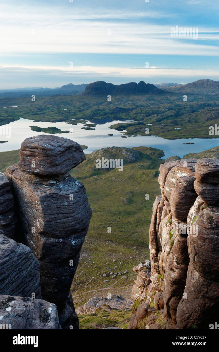Suilven, viewed from Stac Pollaidh across Loch Scionascaig, Sutherland, Highland, Scotland, UK Stock Photo